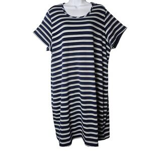 Lands End Womens 2X NavyWhite Peruvian Cotton T-Shirt Dress Nautical Preppy